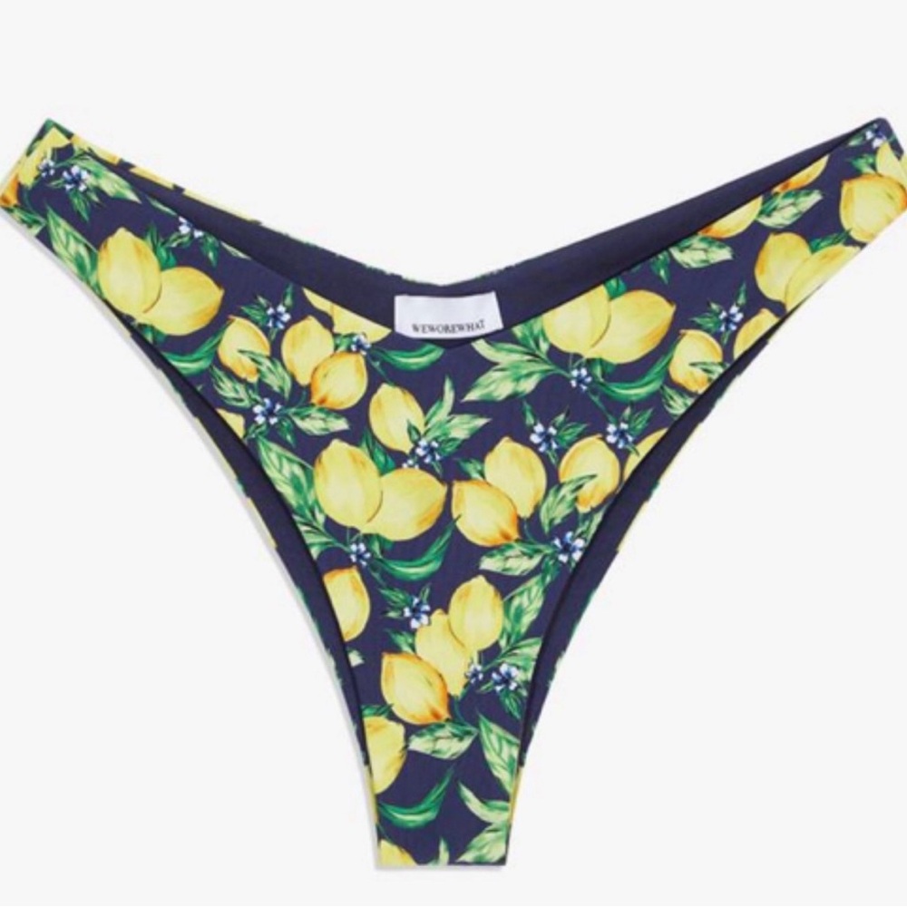 WeWoreWhat Navy Bikini Bottom with Yellow Lemon Print